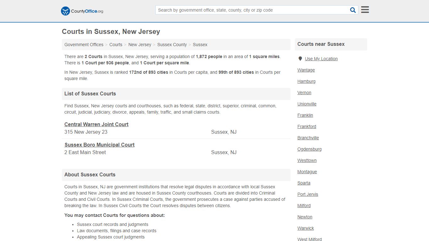 Courts - Sussex, NJ (Court Records & Calendars) - County Office